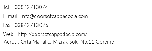 Doors Of Cappadocia Hotel telefon numaralar, faks, e-mail, posta adresi ve iletiim bilgileri